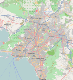 Mapa konturowa Aten, blisko centrum na dole znajduje się punkt z opisem „Łuk Hadriana”