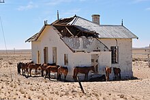 Un bâtiment tombant en ruines et plusieurs chevaux autour