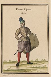 Precedente del bombacho en un tambor de los Tercios españoles con calzas botargas enteras (o de escaramuza) en 1577.