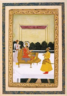 A seated Farrukhsiyar, with an attendant behind him, receives Hussain Ali Khan