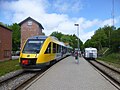 A regular train and the diesel railcar LNJ SM 13 at Kagerup Station on Gribskovbanen