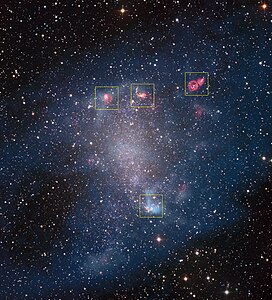 Composite image from data by 2.2-meter MPG/ESO and ALMA with star-forming regions identified.[10]