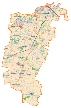 Mapa konturowa gminy Kobierzyce, po lewej znajduje się punkt z opisem „Wierzbice”