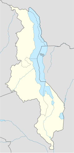 Mapa konturowa Malawi, u góry nieco na lewo znajduje się punkt z opisem „Uniwersytet w Mzuzu”