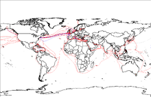 World map with red and blue lines