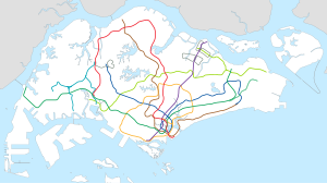 A map of the Singapore rail system, with a color for each line and a red dot highlighting the location of Changi Airport station in eastern Singapore.