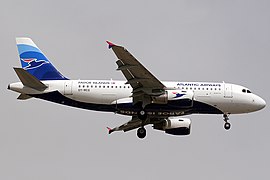 Atlantic Airways Airbus A319 landing at Barcelona–El Prat Airport.