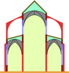 Coupe transversale basilicale : la nef centrale est à claire-voie.