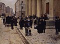 Tableau avec hommes et femmes endimanchés sortant d'un bâtiment à grosses colonnes.