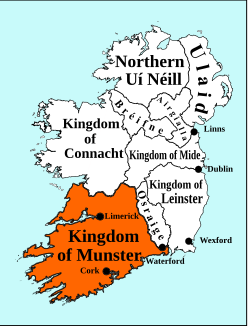 A map of Munster in the 10th century, with boundaries accounting for the loss of Osraige.