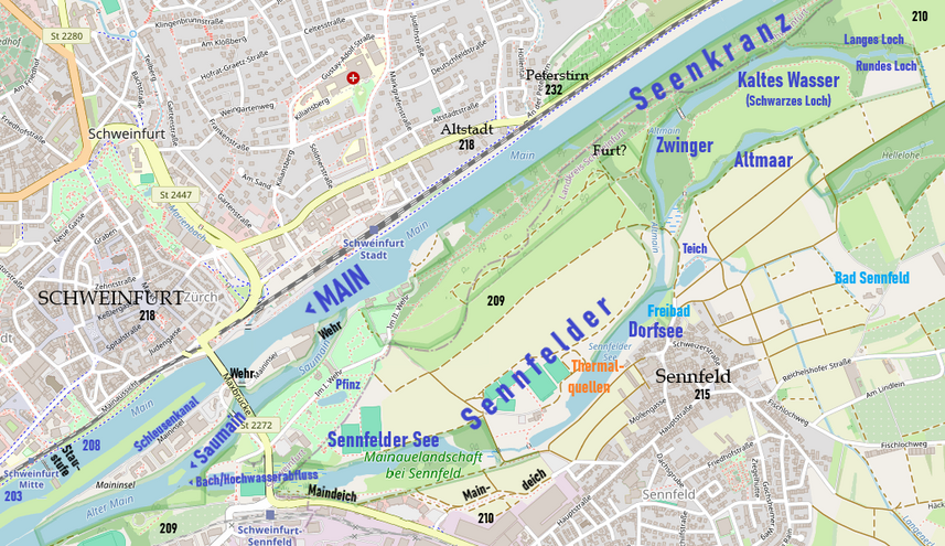 Lage der Stadtwüstung „Altstadt“ am Fuß der Peterstirn und der Ort der vermuteten Furt (in der oberen Mitte) auf einer heutigen Karte