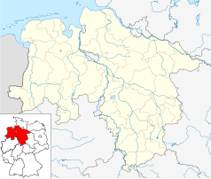 Mapa konturowa Dolnej Saksonii, po lewej znajduje się punkt z opisem „Lingen (Ems)”