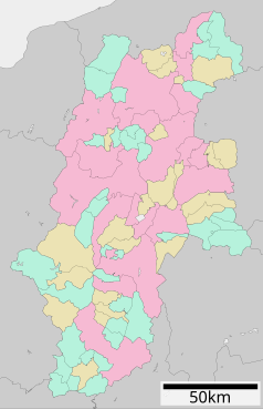 Mapa konturowa prefektury Nagano, po prawej znajduje się punkt z opisem „Sakuho”