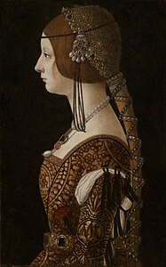 Portrait peint de profil d'une femme tournée vers la gauche richement vêtue