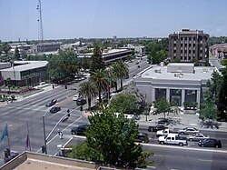 Downtown Bakersfield with City Hall and Police Headquarters at left and Hall of Records at right