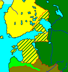 Keltaisella Ruotsi ja vihreällä Venäjä. Uudenkaupungin rauhassa Ruotsi menetti Venäjälle vihreällä vinoviivoitetun alueen.