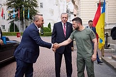 左からチャヴシュオール、トルコのレジェップ・タイイップ・エルドアン大統領、ウクライナのウォロディミル・ゼレンスキー大統領（2022年8月18日）