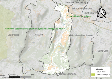 Carte de la ZNIEFF de type 2 sur la commune.