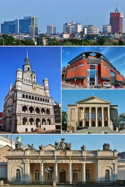 Top: Panorama of Poznań City Center Middle: Poznań Town Hall, Stary Browar, Opera House Bottom: Guardhouse