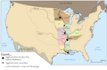 El Misisipi forma su toda frontera oeste, con Iowa y Misuri (en este mapa también se aprecia que su frontera sur la delimita el río Ohio)