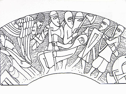 Skånelaisen kirkon reliefissä Pyhä Olavi kuolee, ja enkeli ottaa hänen sielunsa kuten kapaloidun lapsen. Onko rahvas nähnyt tämänkaltaisissa kuvissa Olavin synnyttämässä?