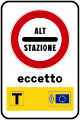 Simbolo di preavviso ALT Stazione in prossimità dei caselli italiani, corredato con un "eccetto Telepedaggio".