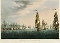 Le début de la bataille d’Aboukir. L’Orient, reconnaissable à ses trois-ponts, occupe la position centrale, à gauche. Tableau anglais de Thomas Whitcombe, 1816.