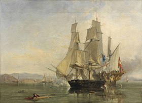 Tableau représentant le combat entre deux navires à voiles.