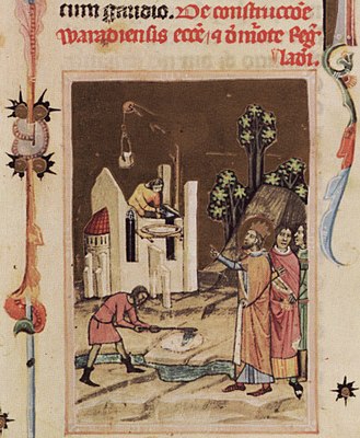 Chronicon Pictum, Hungarian, Hungary, King Saint Ladislaus, Nagyvárad, Oradea, church, construction, pulley, mortar, building, medieval, chronicle, book, illumination, illustration, history