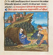 Crates visita a Diógenes, en el «Livre des bonnes mœurs de Jacques Legrand» (1490), Jacobus Magnus.