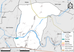 Carte en couleur présentant le réseau hydrographique de la commune