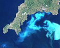 Image 36This algae bloom occupies sunlit epipelagic waters off the southern coast of England. The algae are maybe feeding on nutrients from land runoff or upwellings at the edge of the continental shelf. (from Marine habitat)