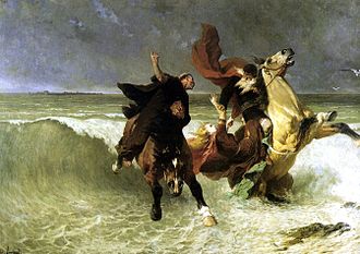 Peinture représentant deux cavaliers fendant les flots, le personnage de gauche étant un homme d'église et celui de droite un roi tenant par le bras une jeune femme blonde chutant vers la mer.