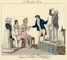 Gravure en couleurs représentant plusieurs personnages habillés à la mode du début du XIXe siècle.