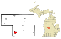 Location of Greenville within Montcalm County and the state of Michigan