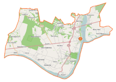 Mapa konturowa gminy Serock, blisko centrum na prawo znajduje się punkt z opisem „Serock”