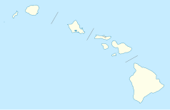 Mapa konturowa Hawajów, po prawej nieco na dole znajduje się punkt z opisem „Obserwatoria na Mauna Kea”