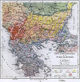 Ethnografski zemljevih Balkana,[26] ki ga je leta 1877 objavil A. Synvet, grško usmerjeni profesor na Osmanskem liceju v Istanbulu