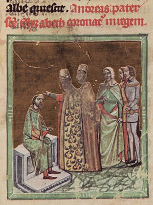 Chronicon Pictum, Hungarian, Hungary, King Andrew II, crown, coronation, throne, bishop, Saint Elizabeth, King Béla IV of Hungary, medieval, chronicle, book, illumination, illustration, history