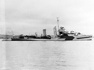 The USS Smith off the Mare Island Navy Yard, California, painted in a "Dazzle" camouflage variant known as Measure 31, Design 23d, 12 June 1944.