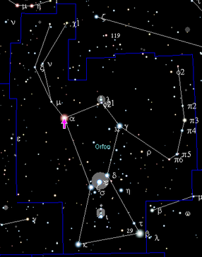 Săgeata roz indică poziția stelei Betelgeuse, în constelația Orion.