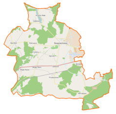 Mapa konturowa gminy Święciechowa, blisko centrum na lewo znajduje się punkt z opisem „Trzebiny”