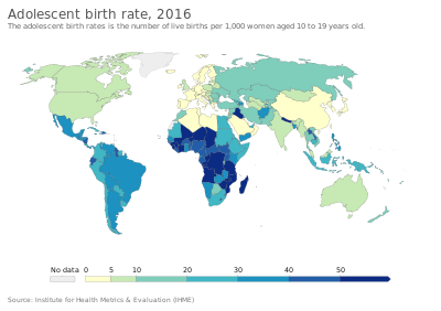 World heat map showing adolescent birth rate with a play button to make it more interactive