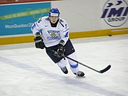 An ice hockey player standing directly in front of the camera. He is wearing a black helmet and uniform.