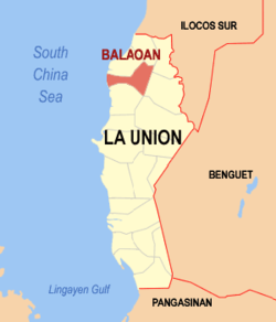 Mapa ng La Union na pinapakita ang lokasyon ng Balaoan
