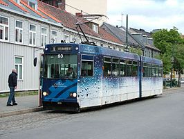 De Tram van Trondheim aan het eindpunt St. Olavs Gate; 2005.