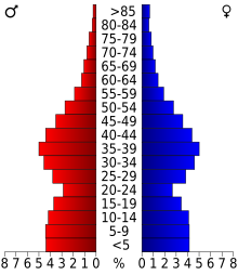 Schéma représentant la population du comté, par tranche d'âge. En rouge, à gauche, les femmes, en bleu à droite, les hommes.