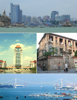 Dari atas : Distik Sentral Bisnis Xiamen, Universitas Xiamen, sebuah rumah di Pulau Gulangyu, dan Jembatan Haicang