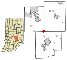 Location of Edinburgh in Bartholomew County and Johnson County and Shelby County, Indiana.