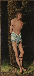 Sankt Sebastian, målning av Lucas Cranach den äldres ateljé från 1543. Nasjonalmuseet.